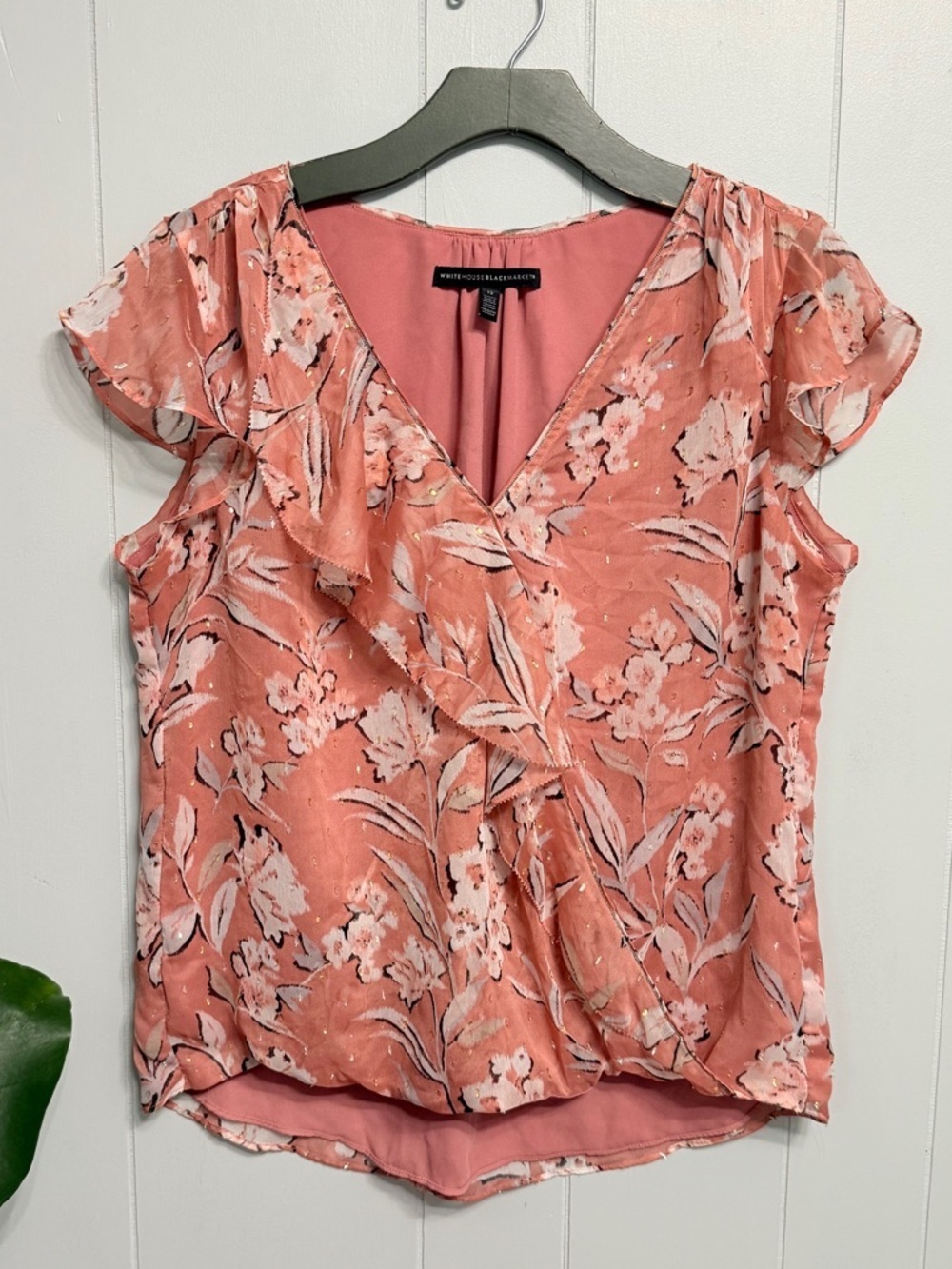 #12) White House Black Market Coral Pink Floral Wrap-Front Blouse